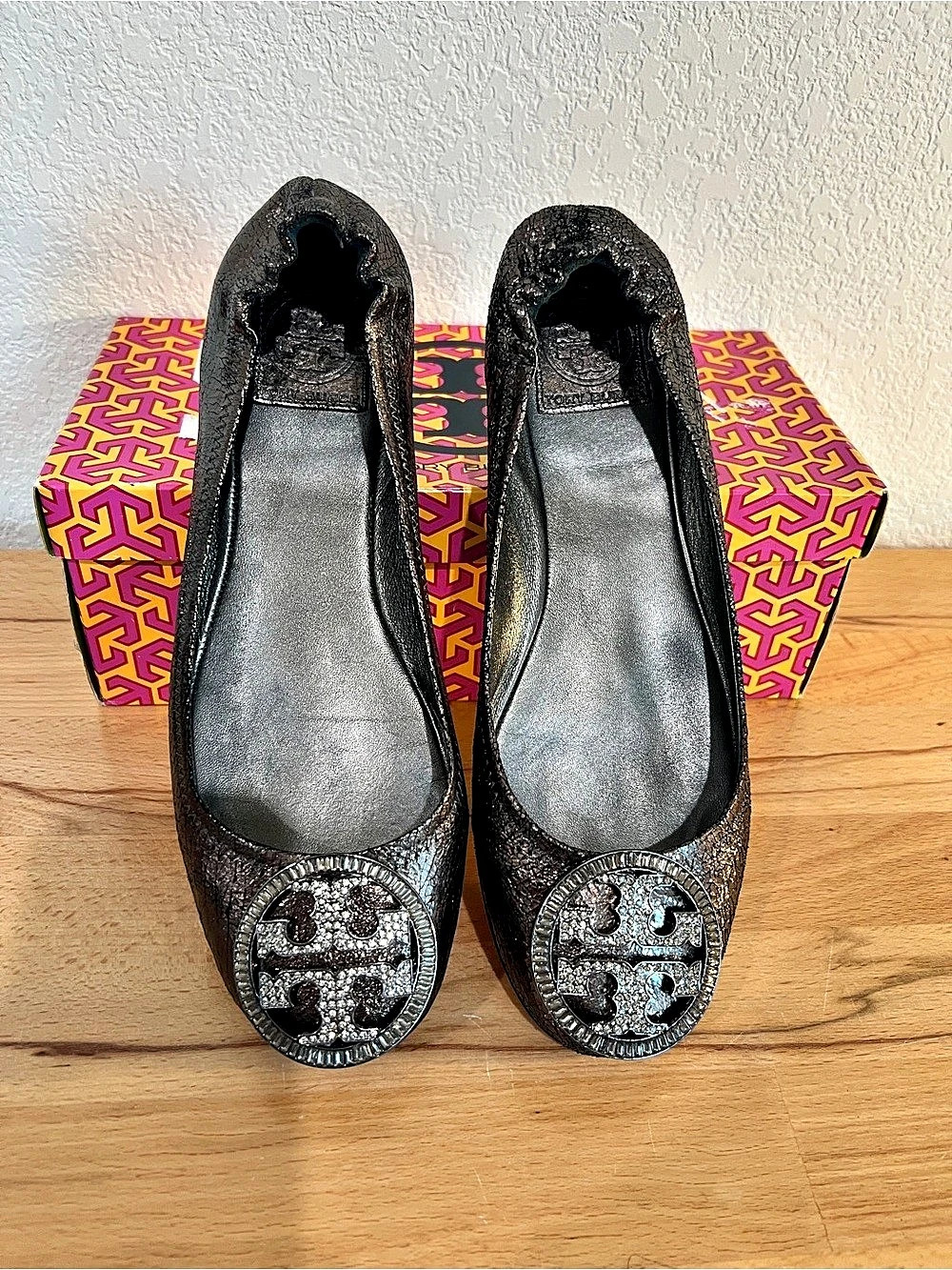 Tory Burch Logo Jeweled Medallion Metallic Flats